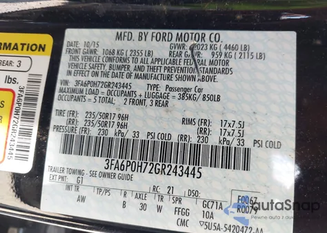 2016 Ford Fusion Se z USA, uszkodzony, nr VIN 3FA6P0H72GR243445